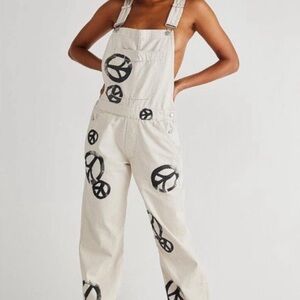 Free People Cream Peace Sign Ziggy Overalls